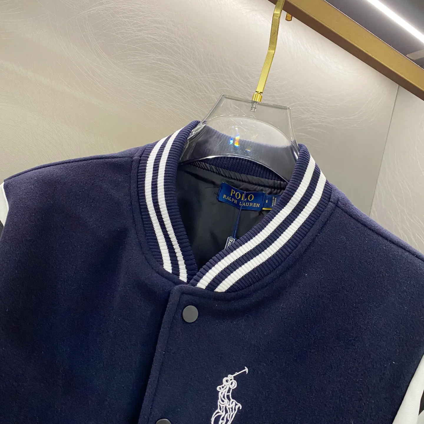 P300 Ralph Lauren Pony Embroidered American Retro Wool Spliced ​​Leather Baseball Jacket with Big Logo on the Back Color: Navy Size: m-XL